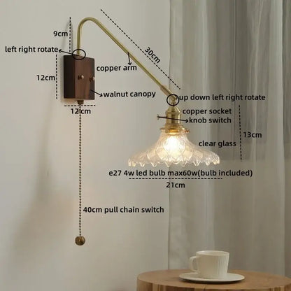 Modern wood and copper led wall sconce with brass copper arm walnut canopy and clear glass shade for bedroom stairs