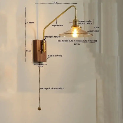 Modern wood and copper led wall sconce with amber glass shade brass copper arm and walnut canopy for bedroom or stairs