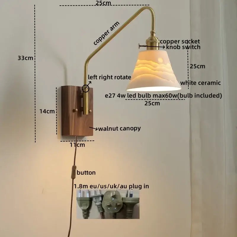 Modern wood and copper led wall sconce with brass copper arm walnut base and white ceramic glass copper led shade
