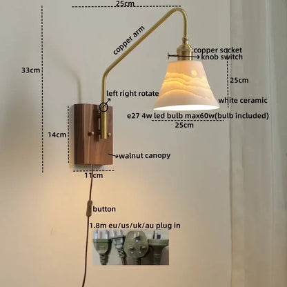 Modern wood and copper led wall sconce with brass copper arm walnut base and white ceramic glass copper led shade