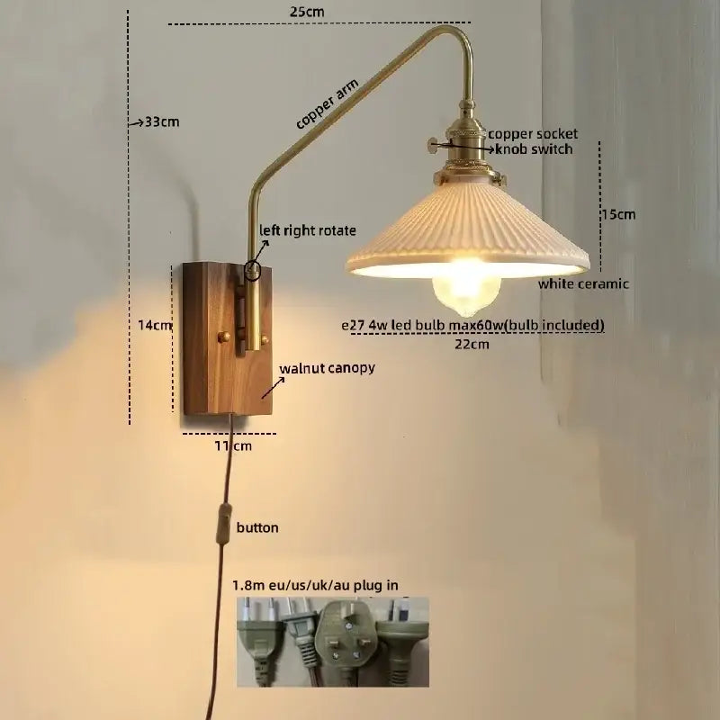 Vintage-style wall sconce with a walnut base, brass copper led arm, and white ceramic ridged shade for bedroom or stairs