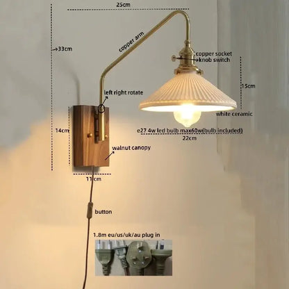 Vintage-style wall sconce with a walnut base, brass copper led arm, and white ceramic ridged shade for bedroom or stairs