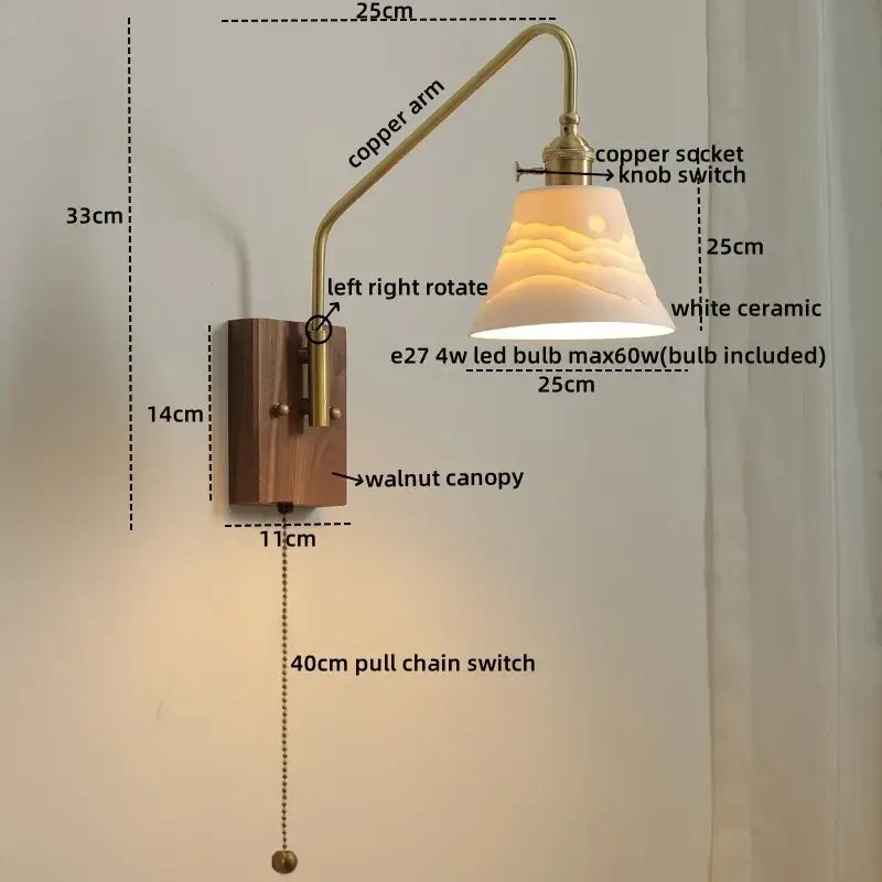 Modern wood and copper led wall sconce with brass copper arm walnut base and white ceramic wave lampshade for bedroom stairs
