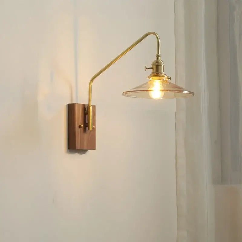 Brass wall sconce with wooden base and clear glass shade modern wood and copper led wall light for bedroom or stairs
