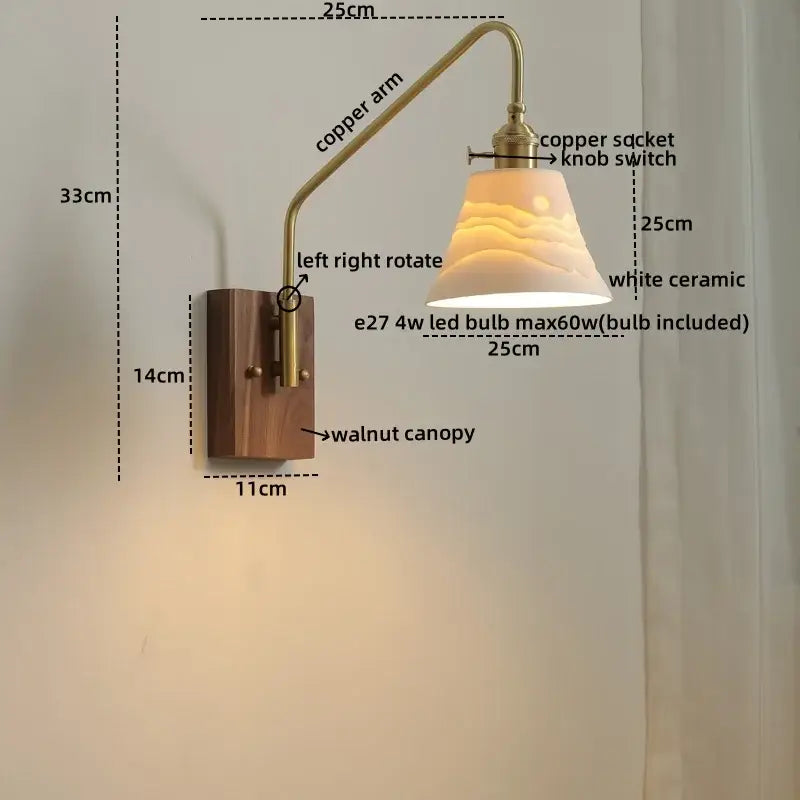 Modern wood and copper led wall sconce with curved copper arm walnut base and white ceramic glass copper led shade