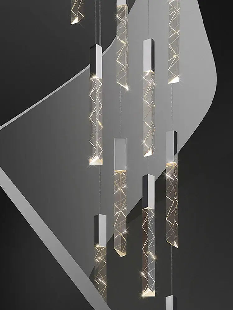 Modern wood and crystal column led chandelier staircase light with geometric clear acrylic and metallic crystal column decorbites crystal column pendant lights