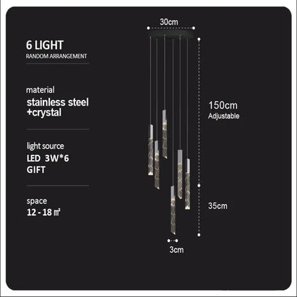 Modern six-light pendant chandelier with stainless steel and crystal design and adjustable length crystal column led decorbites