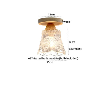 Modern wood and glass led ceiling lamp with clear etched floral shade and warm wooden base for bedroom decorbites led ceiling