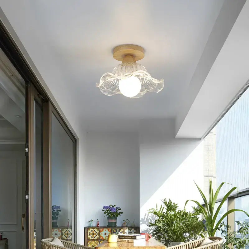 Modern wood and glass led ceiling lamp with fluted petal design and warm base for bedroom decorbites led ceiling lighting