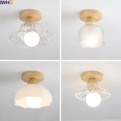 Modern wood and glass led ceiling lamp with clear and frosted shades and natural wood bases for bedroom decorbites ceiling lamp