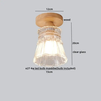 Modern wood and glass led ceiling lamp with natural wood base and clear fluted glass shade for bedroom decorbites led ceiling