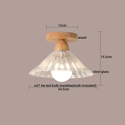 Modern wood and glass led ceiling lamp with natural wood base and clear faceted shade for bedroom decorbites led ceiling