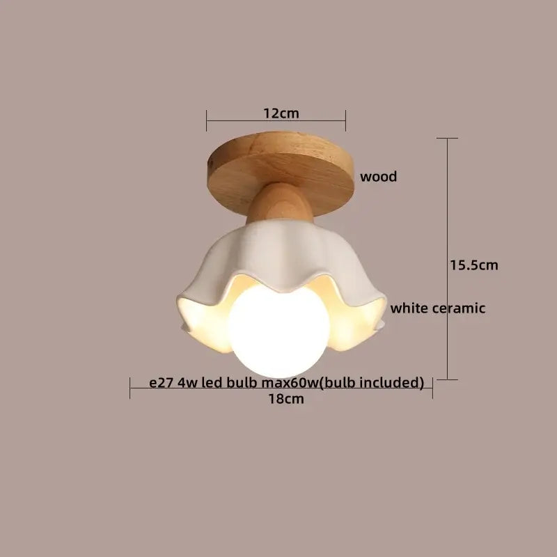 A charming white ceramic flower-shaped led ceiling lamp with natural wood base for modern decorbites led ceiling use