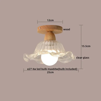 Modern wood and glass led ceiling lamp with clear fluted glass and warm wooden base for bedroom decorbites led ceiling use