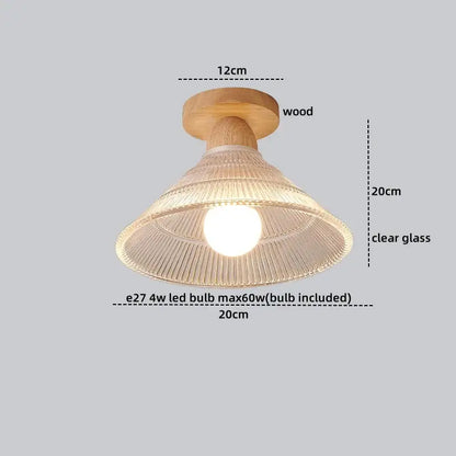 Modern wood and glass led ceiling lamp with clear ridged glass shade and wooden base for bedroom decorbites ceiling lamp