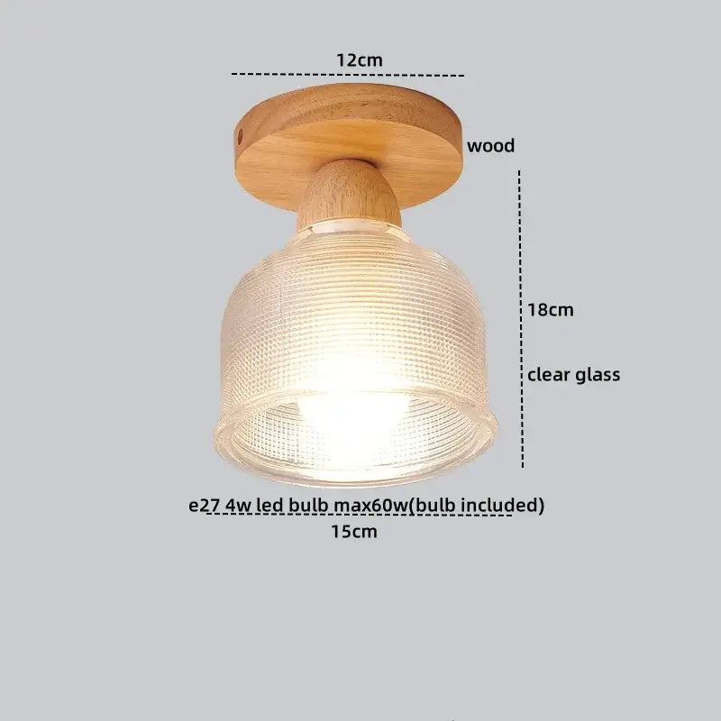 Modern wood and glass led ceiling lamp with warm-toned clear glass shade and natural wood base for bedroom decorbites ceiling lamp