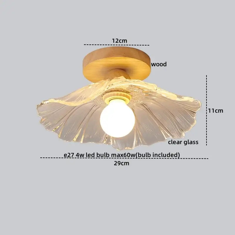 Modern wood and glass led ceiling lamp with a warm-toned wooden fixture and clear petal-shaped shade for bedroom decorbites led ceiling lamp