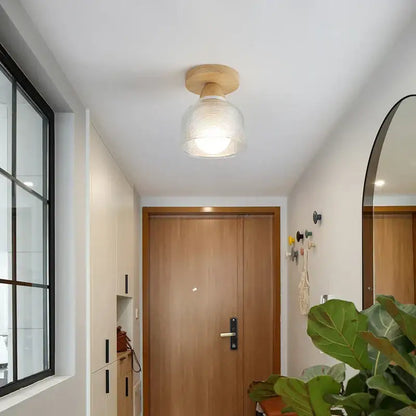Modern wood and glass led ceiling lamp with warm-toned ribbed glass shade perfect for bedroom decorbites led ceiling lighting