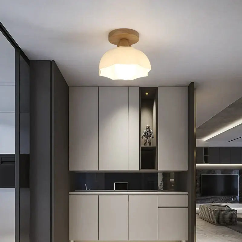 Modern wood and glass led ceiling lamp with warm-toned frosted glass and wooden disc base for bedroom decorbites ceiling lamp