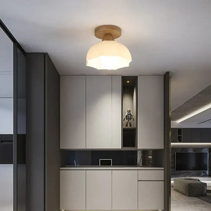 Modern wood and glass led ceiling lamp with warm-toned frosted glass and wooden disc base for bedroom decorbites ceiling lamp