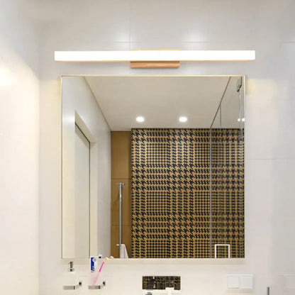 Modern wood and gold led wall vanity light with sleek frameless rectangular bathroom mirror and integrated led wall illumination