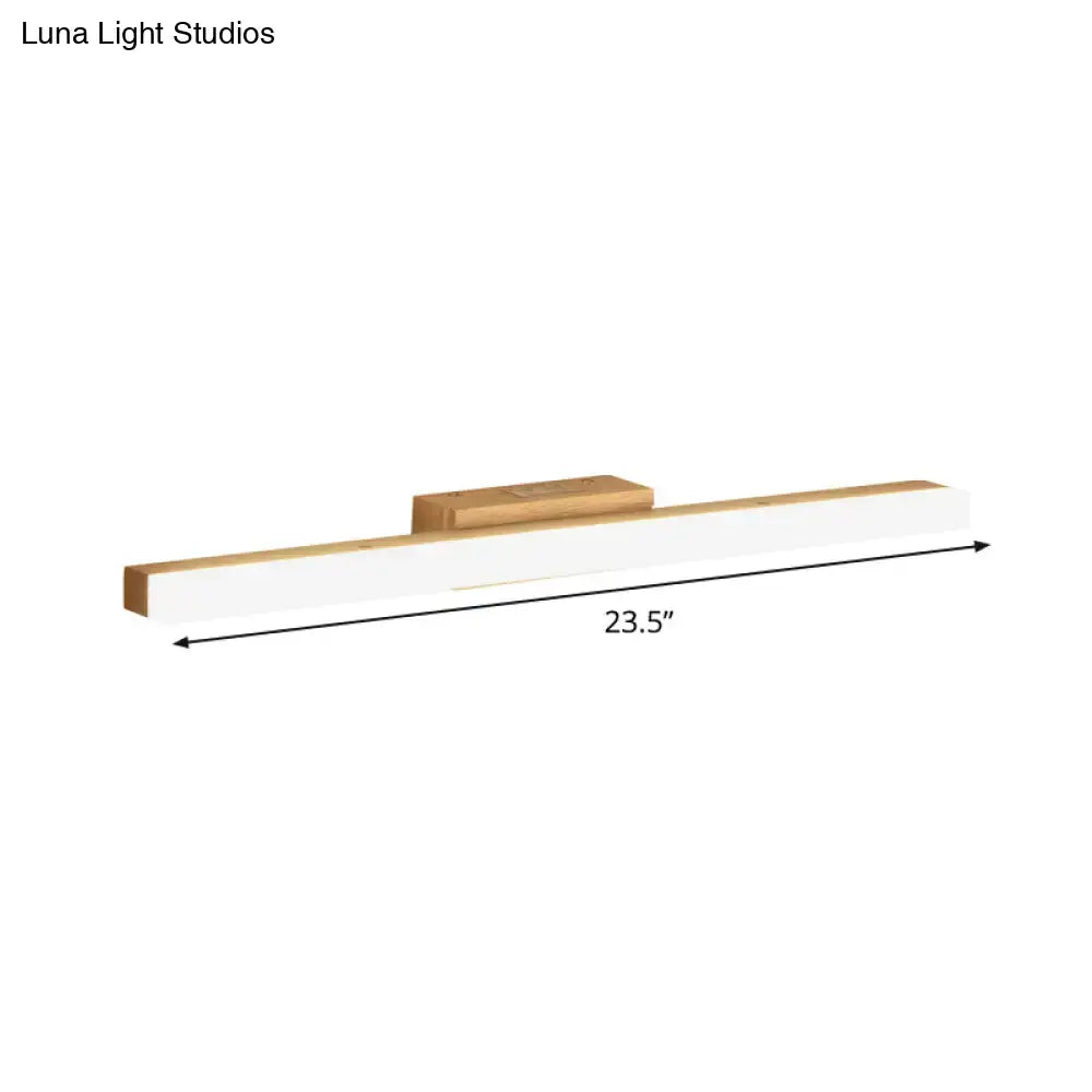 Modern wood and gold led wall vanity light with a white rectangular body and natural wood accents for bathroom use