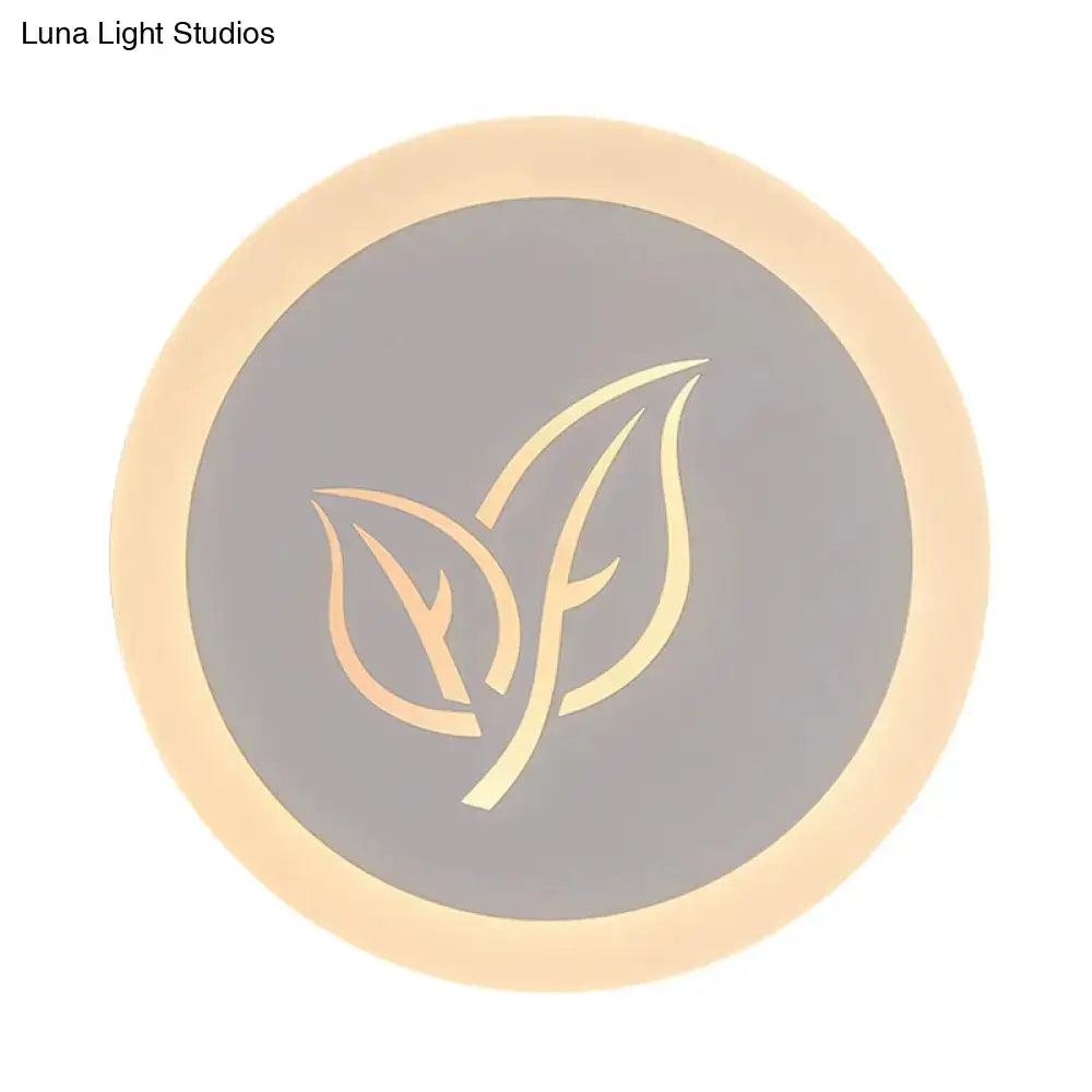 Modern wood and gray leaf wall lamp featuring a circular led ceiling light with warm beige ring and gold leaf logo