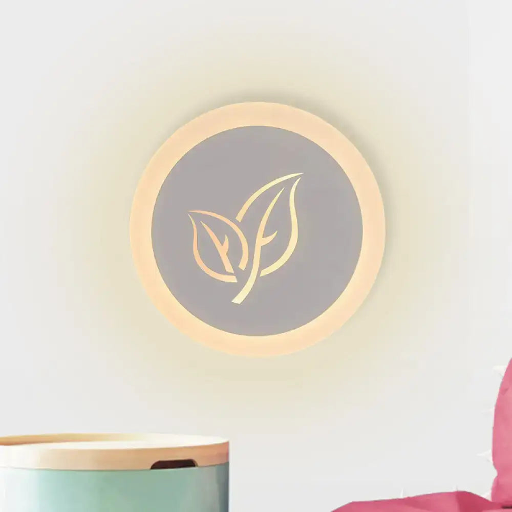 Modern wood and gray leaf wall lamp circular sconce with warm glow wooden frame and gold leaf design for bedroom use