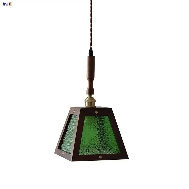 Modern wood and green led glass pendant lamp with textured panels and twisted brown cord for dining room lighting