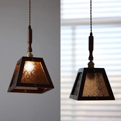 Modern wood and green led glass pendant lamp with dark wooden frame and textured amber glass panels for dining room