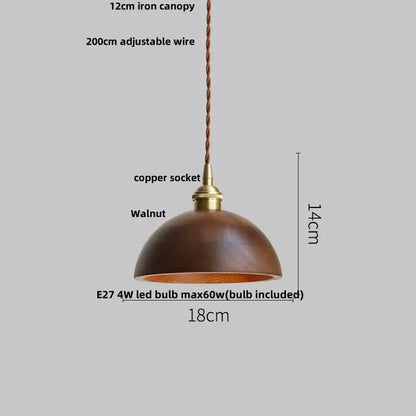 A rustic brown walnut led glass pendant lamp with brass copper socket and twisted bronze suspension for dining room