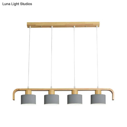 Modern wood and mint green 3 light chandelier with natural wood frame and gray shades for dining room kitchen lighting