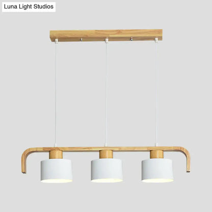 Modern wooden pendant light with three white cylindrical shades for dining room kitchen led incandescent fluorescent use