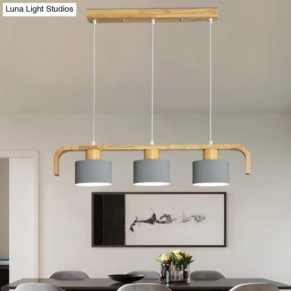 Modern wood and mint green 3 light chandelier with gray cylindrical shades for dining room kitchen lighting uses led incandescent fluorescent