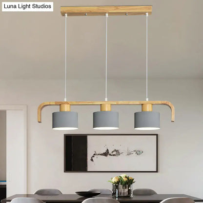 Modern wood and mint green 3 light chandelier with gray cylindrical shades for dining room kitchen lighting uses led incandescent fluorescent