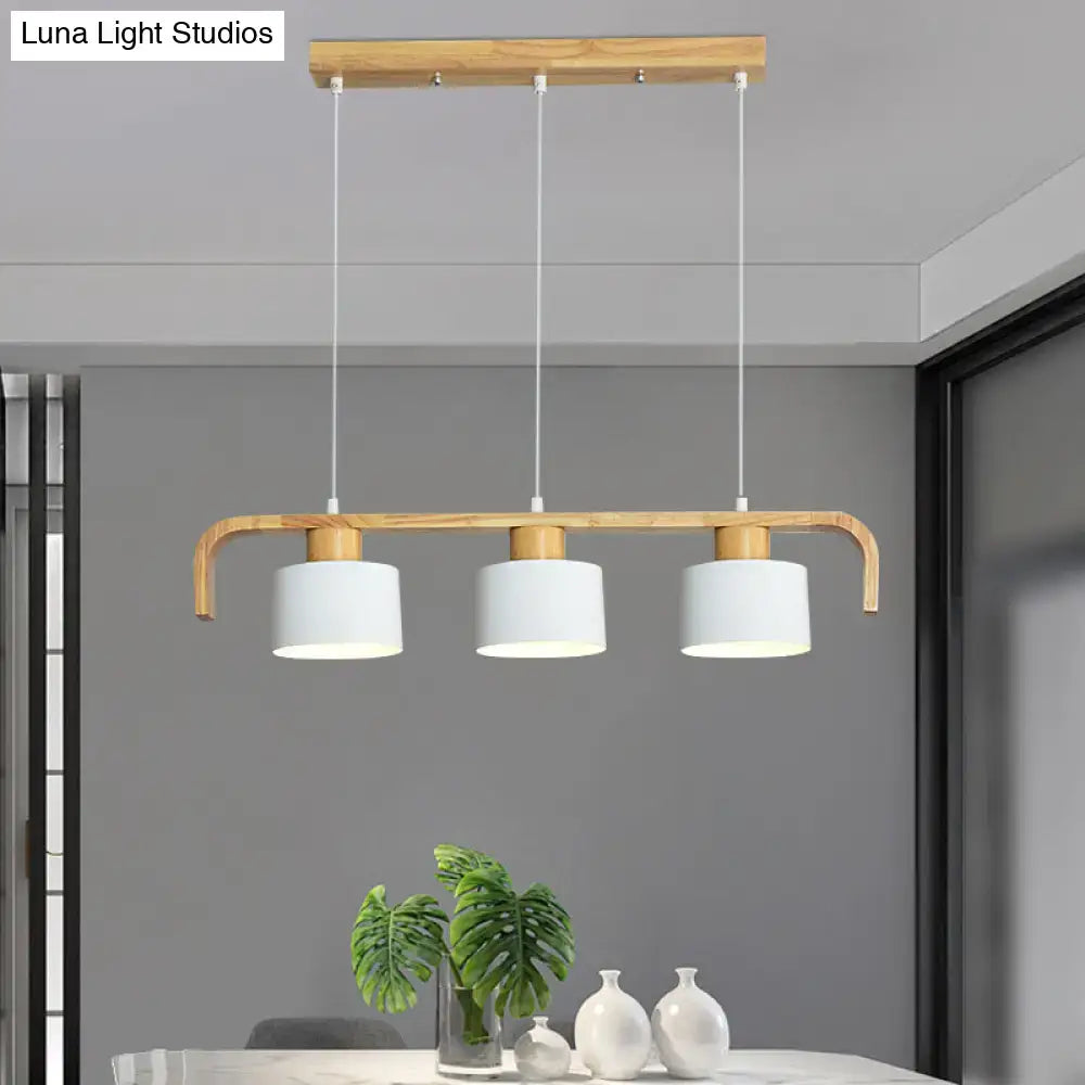 Modern wood and mint green 3 light chandelier with natural wood frame and white shades for dining room kitchen lighting