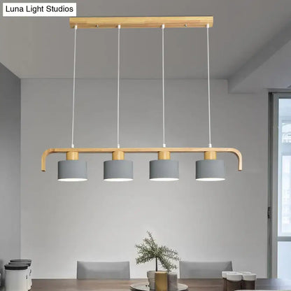Modern wood and mint green 3 light chandelier with natural wood frame and gray shades for dining room kitchen use