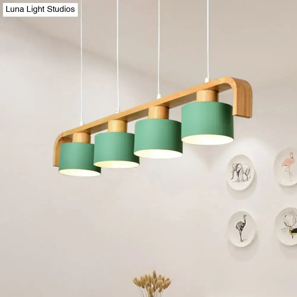 Modern wood and mint green 3 light chandelier with curved wooden frame and matte green shades for dining room kitchen lighting