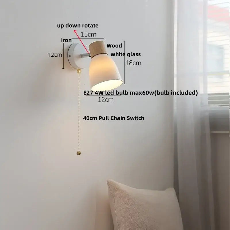 Minimalist wall light fixture with white iron base wooden top accent and frosted white glass shade for bedroom use