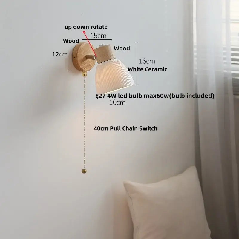 Minimalist wall light fixture with natural wood base and white ceramic shade featuring up-down rotating design