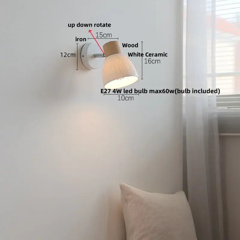 Modern wall light fixture with iron base wooden top and white ribbed ceramic shade for bedroom sconce lighting