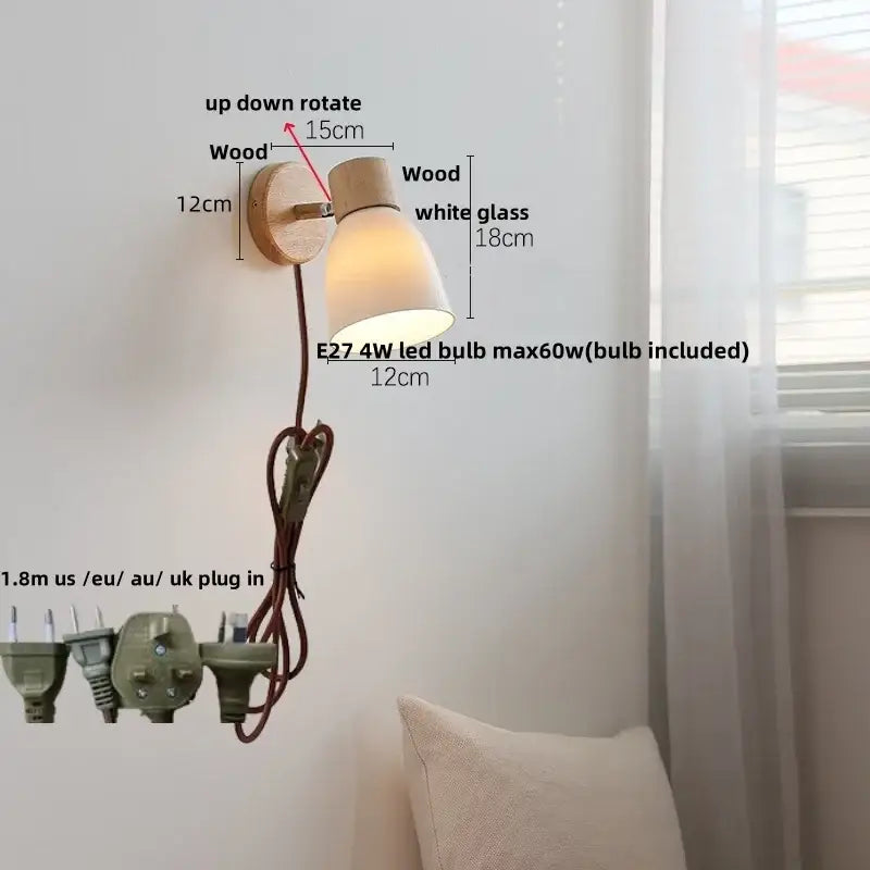 Modern wood and ribbed glass wall light fixture with a natural wood base and adjustable white glass shade for bedrooms