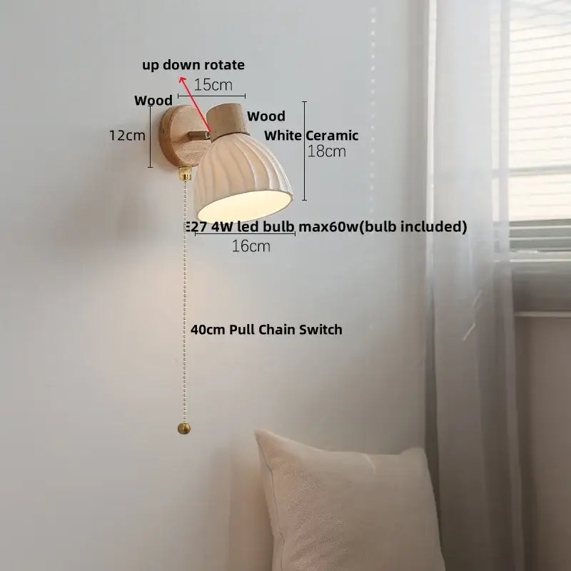 A warm-toned ceramic wall light fixture with ribbed glass, wooden bracket, and adjustable pull chain switch for bedroom use