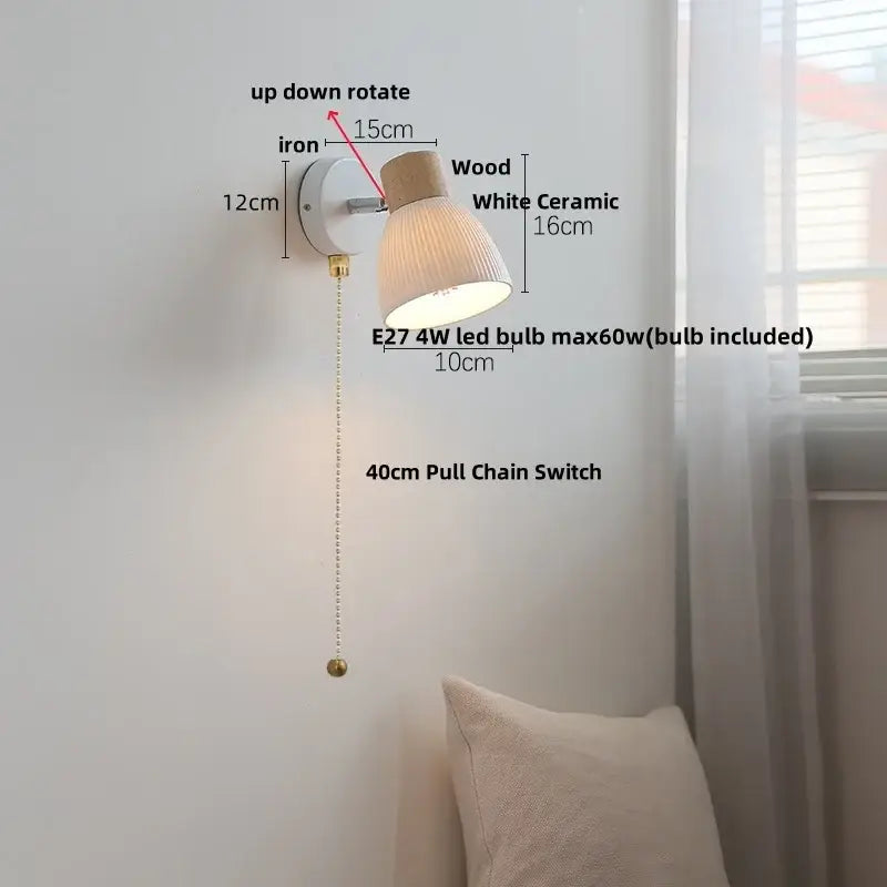 Modern white ceramic wall light fixture with wooden top iron mounting and e27 4w led bulb for bedroom sconce