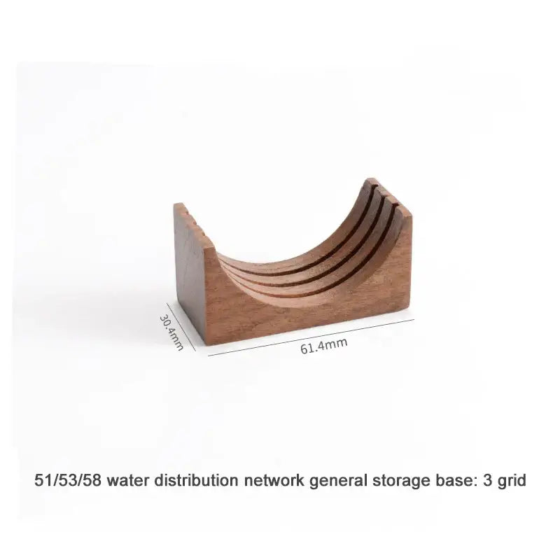 Modern wood and silver coffee filter stand with dark brown wooden base and grooves for decorbites coffee filter storage
