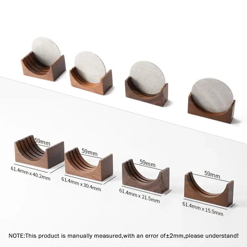 Set of four dark brown wooden coaster holders with curved slots for circular coasters in decorbites coffee filter stand design