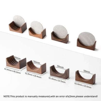 Set of four dark brown wooden coaster holders with curved slots for circular coasters in decorbites coffee filter stand design