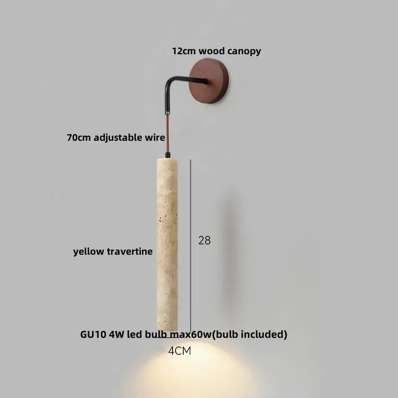 Modern wood and travertine led wall lamp with 12cm wooden canopy and adjustable arm featuring yellow travertine body