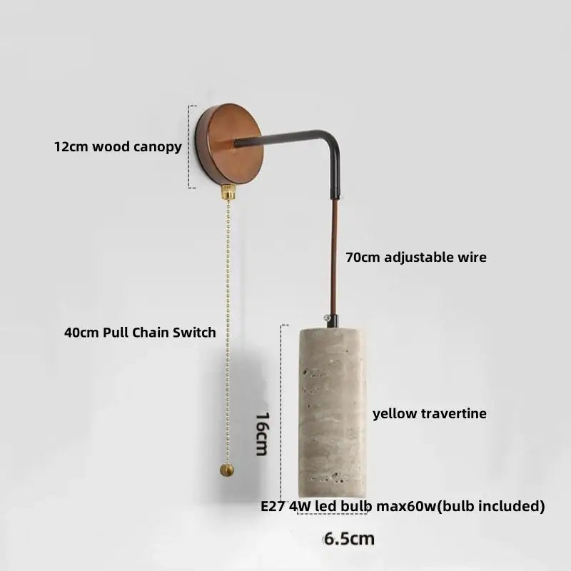 Modern wood and travertine led wall lamp with 12cm wooden canopy, adjustable copper wire, and yellow cylindrical shade