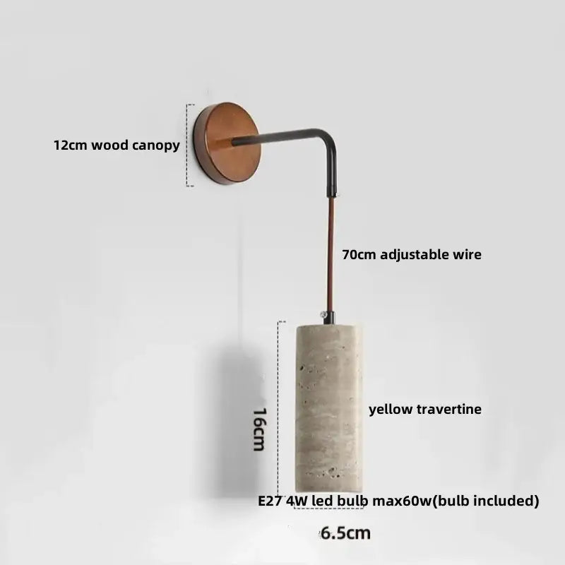 Industrial-style led wall lamp with warm wood canopy black adjustable arm and yellow travertine shade for bedroom use